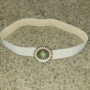 Women's Cream Elastic Belt with Floral Decorative Buckle